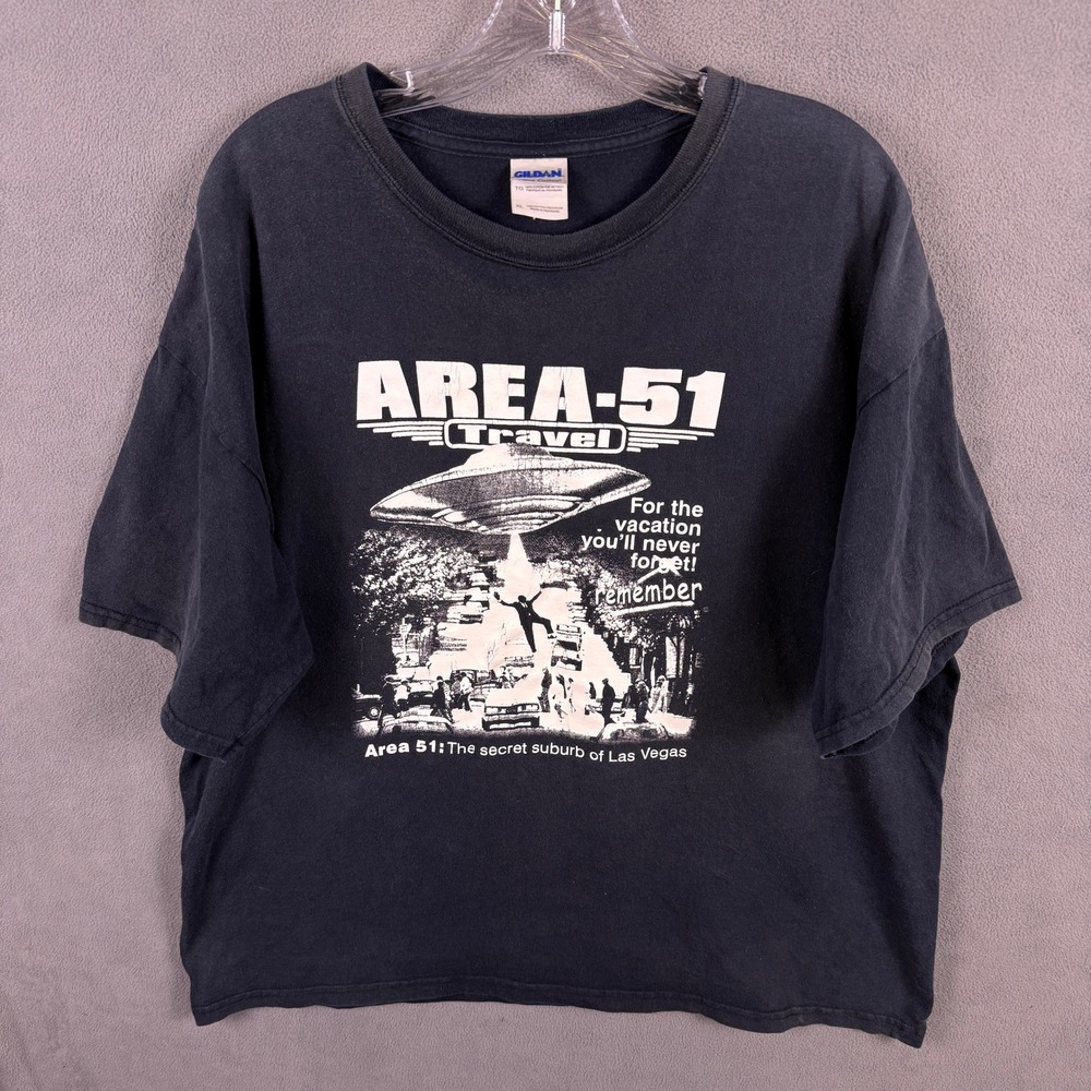 VTG Area 51 Travel T-Shirt Mens XL Black UFO Alien Las Vegas Graphic Gildan